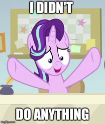 Size: 371x439 | Tagged: safe, edit, edited screencap, screencap, starlight glimmer, pony, marks for effort, caption, i have done nothing productive all day, image macro, meme, raised hoof, smiling, text