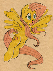 Size: 700x930 | Tagged: safe, artist:maytee, fluttershy, pegasus, pony, happy, solo, spread wings, traditional art