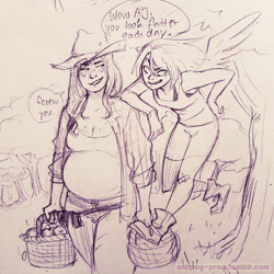 Size: 960x960 | Tagged: safe, artist:schpog, applejack, rainbow dash, human, belly, big belly, hat, humanized, preggo jack, pregnant, sketch, winged humanization, wings