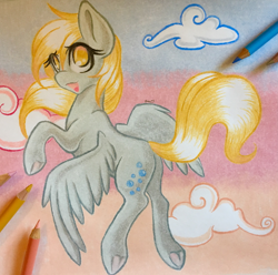 Size: 2893x2874 | Tagged: safe, artist:emberslament, derpy hooves, pegasus, pony, colored pencil drawing, colored pencils, female, flying, high res, mare, pencil, photo, solo, traditional art