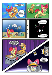 Size: 2671x3841 | Tagged: safe, artist:vicse, apple bloom, applejack, earth pony, pony, shark, somepony to watch over me, astronaut, chase, classroom, comic, dark, floppy ears, frown, grin, gritted teeth, pencil, satellite, scene parody, smiling, snorkel, space, spacesuit, stalking, swimming, together forever, underwater, wide eyes