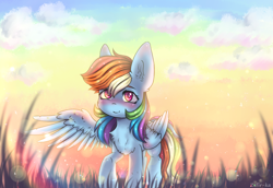 Size: 2408x1660 | Tagged: safe, artist:zefirka, derpibooru import, rainbow dash, pegasus, pony, chest fluff, female, lens flare, looking at you, mare, one wing out, raised hoof, smiling, solo, standing