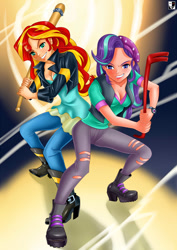 Size: 1000x1414 | Tagged: safe, artist:lord--opal, starlight glimmer, sunset shimmer, human, equestria girls, arms, bad girl, baseball bat, beanie, bending, boots, breasts, bust, cleavage, clothes, crossover, crowbar, denim, duo, equestria girls outfit, fighting stance, fingers, grin, hand, happy, hat, holding, humanized, jacket, jeans, leather jacket, legs, lipstick, long hair, looking at you, makeup, pants, pose, ripped jeans, ripped pants, river city ransom, shirt, shoes, short sleeves, smiling, smirk, standing, teenager, teeth, top, torn clothes, vest, video game crossover, wristwatch