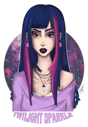 Size: 1024x1475 | Tagged: safe, artist:ayaka-itoe, artist:misshapen-black, derpibooru import, twilight sparkle, human, bust, clothes, humanized, lipstick, off shoulder, portrait, solo