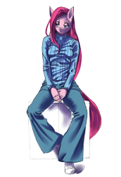 Size: 2031x2952 | Tagged: safe, artist:m@k, pinkie pie, anthro, clothes, jeans, pinkamena diane pie, pixiv, solo