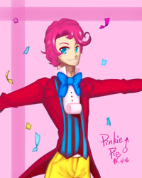 Size: 800x1000 | Tagged: safe, artist:konnosatsuki, bubble berry, pinkie pie, human, bowtie, clothes, humanized, rule 63, solo, vest