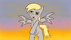 Size: 1280x720 | Tagged: safe, artist:wingcommanderrudoji, derpy hooves, pegasus, pony, bipedal, blushing, crossed hooves, lidded eyes, solo, spread wings, wings