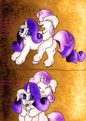 Size: 2480x3507 | Tagged: safe, artist:nightoffear, rarity, sweetie belle, pony, unicorn, female, filly, horn, mare, ponies riding ponies, siblings, sisters