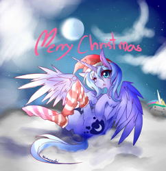 Size: 1024x1060 | Tagged: safe, artist:nyourochi, princess celestia, princess luna, alicorn, pony, clothes, cloud, cloudy, night, on back, s1 luna, socks, spread wings, striped socks, tongue out