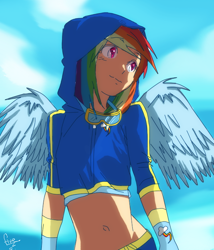 Size: 600x700 | Tagged: safe, artist:fireangel6, derpibooru import, rainbow dash, human, belly button, clothes, cloud, cute, dashabetes, female, goggles, hoodie, humanized, midriff, short shirt, sky, solo, winged humanization