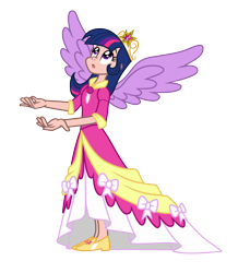 Size: 1500x1719 | Tagged: safe, artist:trinityinyang, derpibooru import, twilight sparkle, twilight sparkle (alicorn), alicorn, human, clothes, coronation dress, dress, element of magic, humanized, solo, winged humanization