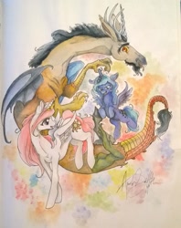 Size: 759x960 | Tagged: safe, artist:queenanneka, discord, princess celestia, princess luna, alicorn, pony, s1 luna, traditional art