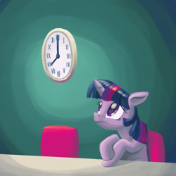 Size: 800x800 | Tagged: safe, artist:needsmoarg4, derpibooru import, twilight sparkle, unicorn twilight, unicorn, comic:friendship is dragons, clock, solo, waiting