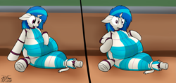 Size: 2889x1372 | Tagged: safe, artist:the-furry-railfan, dj pon-3, vinyl scratch, original species, pony, unicorn, bagpipes, belly, big belly, counter, inflation, kitchen, offscreen character, oh crap, sitting, squishy, startled, tartan, transformation, underhoof