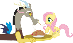 Size: 1088x644 | Tagged: safe, artist:pinkiepie03, artist:raggyrabbit94, discord, fluttershy, pegasus, pony, discoshy, female, lady and the tramp, male, scene parody, shipping, spaghetti, spaghetti scene, straight