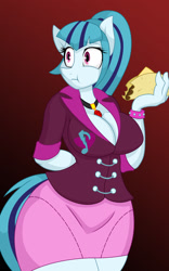 Size: 958x1536 | Tagged: safe, artist:lil miss jay, sonata dusk, anthro, equestria girls, rainbow rocks, big breasts, breasts, cleavage, eating, equestria girls outfit, female, full service playing cards, hips, solo, sonata bust, sonata donk, sonataco, taco, thighs, wide hips