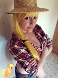 Size: 774x1032 | Tagged: safe, artist:sweetrikku, applejack, human, cleavage, cosplay, female, hat, irl, irl human, photo, solo, straw hat