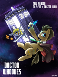 Size: 2100x2800 | Tagged: safe, artist:renokim, derpy hooves, doctor whooves, pony, season 7, clothes, coat, crossover, doctor who, food, high res, muffin, sonic screwdriver, space, tardis