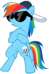 Size: 1316x1992 | Tagged: safe, artist:flutterflyraptor, derpibooru import, rainbow dash, pegasus, pony, backwards ballcap, backwards cutie mark, baseball cap, bipedal, crossed hooves, female, hat, mare, simple background, solo, sunglasses, transparent background, vector