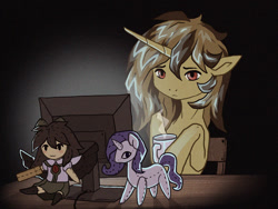 Size: 1100x829 | Tagged: safe, artist:koviry, rarity, oc, oc:sandy vain, pony, unicorn, computer, cup, depressed, plushie, red eyes, reiuji utsuho, sad, solo, touhou