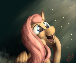 Size: 1200x1000 | Tagged: safe, artist:miokomata, fluttershy, pegasus, pony, bust, fangs, happy, open mouth, portrait, smiling, solo