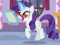 Size: 449x335 | Tagged: safe, screencap, rarity, pony, unicorn, canterlot boutique, animated, cute, excited, female, gif, gif party, glasses, glasses rarity, glowing horn, happy, magic, mare, open mouth, party in the comments, prancing, rarara, raribetes, smiling, solo, telekinesis, trotting, trotting in place, wahaha