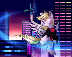 Size: 5000x4000 | Tagged: safe, artist:vincher, derpy hooves, oc, oc:moondrive, bat pony, pegasus, pony, absurd resolution, city, clothes, derpfest, flying, neon, sunglasses