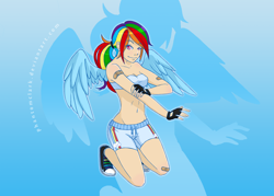 Size: 2100x1500 | Tagged: safe, artist:pettankoprincess, derpibooru import, rainbow dash, human, bandage, belly button, clothes, converse, fingerless gloves, gloves, humanized, midriff, shorts, solo, winged humanization