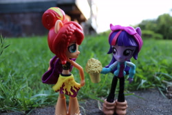 Size: 6000x4000 | Tagged: safe, artist:artofmagicpoland, sunset shimmer, twilight sparkle, twilight sparkle (alicorn), alicorn, equestria girls, cider, doll, equestria girls minis, looking at each other, mug, offering, tankard, toy