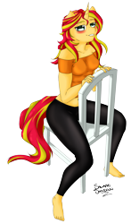 Size: 1906x3235 | Tagged: safe, artist:salamishowdown, sunset shimmer, anthro, plantigrade anthro, barefoot, belly button, blushing, chair, clothes, feet, leggings, lip bite, simple background, sitting, solo, transparent background