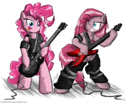 Size: 991x806 | Tagged: safe, artist:flutterthrash, pinkie pie, earth pony, pony, semi-anthro, duality, guitar, pinkamena diane pie, rock, thrash metal