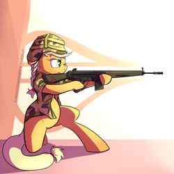 Size: 1200x1200 | Tagged: safe, artist:cheshiresdesires, applejack, earth pony, pony, semi-anthro, gun, heckler and koch, rifle, solo, weapon