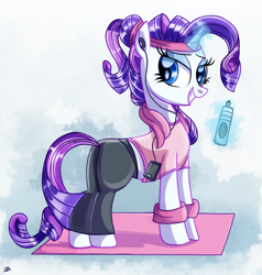 Size: 1400x1468 | Tagged: safe, artist:daniel-sg, rarity, pony, unicorn, alternate hairstyle, clothes, cute, drink, fashion horse, flank, headband, looking at you, magic, midriff, mp3 player, plot, smiling, solo, telekinesis, workout outfit, yoga