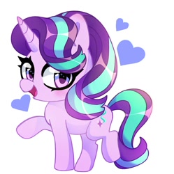 Size: 1018x1024 | Tagged: safe, artist:techycutie, starlight glimmer, pony, unicorn, chibi, cute, female, glimmerbetes, heart, looking at you, mare, open mouth, raised hoof, smiling, solo