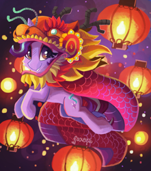 Size: 2300x2607 | Tagged: safe, artist:saxopi, starlight glimmer, pony, unicorn, chinese new year, clothes, costume, dragon costume, female, lantern, looking at you, mare, signature, smiling, solo