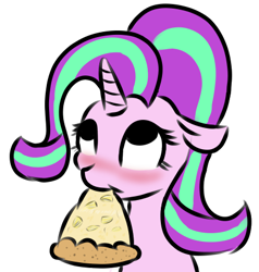 Size: 433x454 | Tagged: safe, artist:ponetistic, starlight glimmer, pony, unicorn, blushing, eating, female, food, horn, looking up, looking up at you, mare, pineapple, pineapple pizza, pizza, pure unfiltered evil, simple background, solo, that pony sure does love pineapple pizza, white background