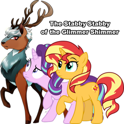 Size: 1024x1024 | Tagged: artist needed, safe, starlight glimmer, sunset shimmer, deer, pony, reindeer, unicorn, fanfic:austraeoh, equestria girls, cover art, raised hoof, simple background, transparent background