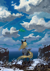 Size: 699x992 | Tagged: source needed, safe, artist:quiet-victories, derpy hooves, pegasus, pony, cloud, female, futurama, looking away, looking up, mare, ocean, rear view, scenery, sky, solo, spaceship, windswept mane