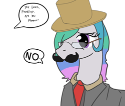 Size: 676x575 | Tagged: artist needed, safe, princess celestia, alicorn, pony, dialogue, disguise, glasses, hat, moustache, solo