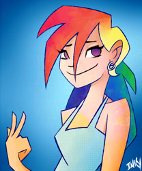 Size: 1000x1200 | Tagged: dead source, safe, artist:inkypsycho, derpibooru import, rainbow dash, human, bust, clothes, earring, female, humanized, piercing, smiling, solo, tanktop