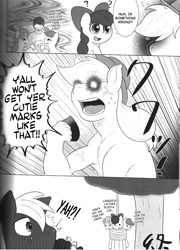 Size: 1013x1405 | Tagged: safe, artist:goto-beido, apple bloom, applejack, big macintosh, scootaloo, sweetie belle, oc, oc:anon, earth pony, pony, comic, cutie mark crusaders, doujin, if moshimo pony, male, monochrome, stallion, translation