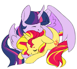 Size: 573x508 | Tagged: safe, artist:clayterran, sunset shimmer, twilight sparkle, twilight sparkle (alicorn), alicorn, pony, unicorn, cuddling, curved horn, cute, cutie mark, eyes closed, female, lesbian, mare, one wing out, shipping, simple background, sleeping, sunsetsparkle, white background