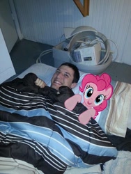 Size: 720x960 | Tagged: safe, pinkie pie, human, bed, creepy face, irl, irl human, photo, photoshop, pillow