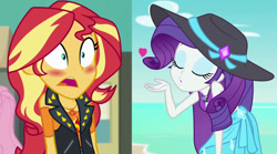 Size: 1260x700 | Tagged: safe, edit, edited screencap, screencap, rarity, sunset shimmer, better together, equestria girls, forgotten friendship, blowing a kiss, blushing, female, heart, lesbian, shipping, sunsarity