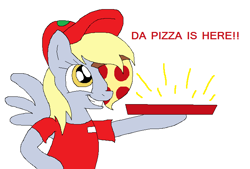 Size: 711x482 | Tagged: safe, artist:madikatfangirl, derpy hooves, pegasus, pony, semi-anthro, 4chan, cap, clothes, drawthread, food, hat, hilarious in hindsight, i just don't know what went wrong, meat, name tag, pepperoni, pepperoni pizza, pizza, pizza box, pizza delivery, shirt, simple background, smiling, solo, white background