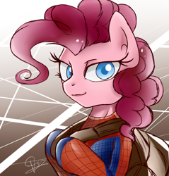 Size: 630x660 | Tagged: safe, artist:supermare, pinkie pie, earth pony, pony, crossover, female, mare, pink coat, pink mane, spider-man