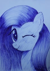 Size: 679x960 | Tagged: safe, artist:varijani, fluttershy, pegasus, pony, monochrome, solo, traditional art, wink