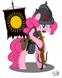 Size: 3600x4500 | Tagged: safe, artist:elsadzonka, pinkie pie, earth pony, pony, armor, banner, crossbow, helmet, solar empire, soldier, solo