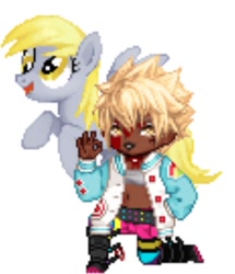 Size: 754x878 | Tagged: safe, derpibooru exclusive, derpy hooves, pegasus, pony, blood, bloody, clothes, dark skin, female, gaia online, jacket, kneeling, mare