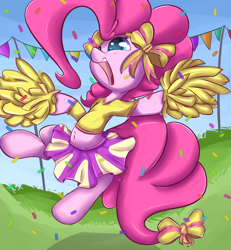 Size: 1200x1300 | Tagged: safe, artist:madacon, pinkie pie, earth pony, pony, belly button, bow, cheerleader, cheerleader outfit, cheerleader pinkie, clothes, cute, diapinkes, hair bow, happy, jumping, open mouth, pom pom, skirt, solo, tail bow
